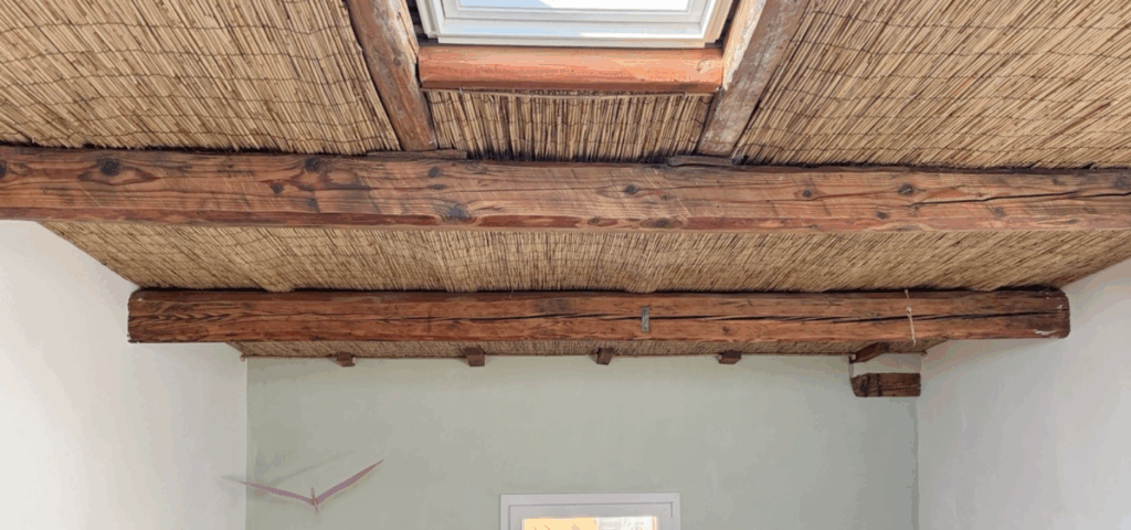 In un’abitazione privata situata a Bologna, nel quartiere Bolognina, è stato realizzato un controsoffitto isolato con cannapalustre a vista.